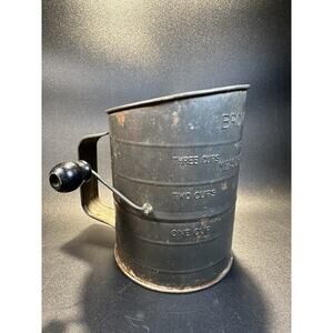 Vintage Bromwells 3 Cup Measuring Sifter Metal Black Crank Handle Farmhouse